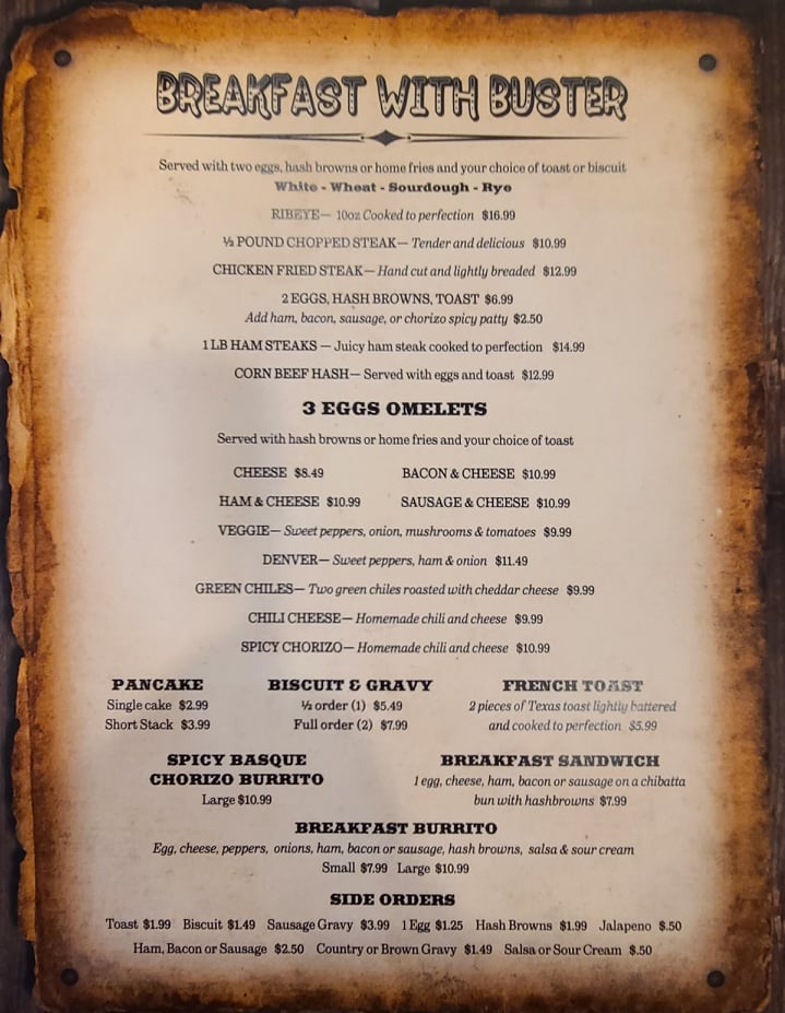 Buster's breakfeast menu